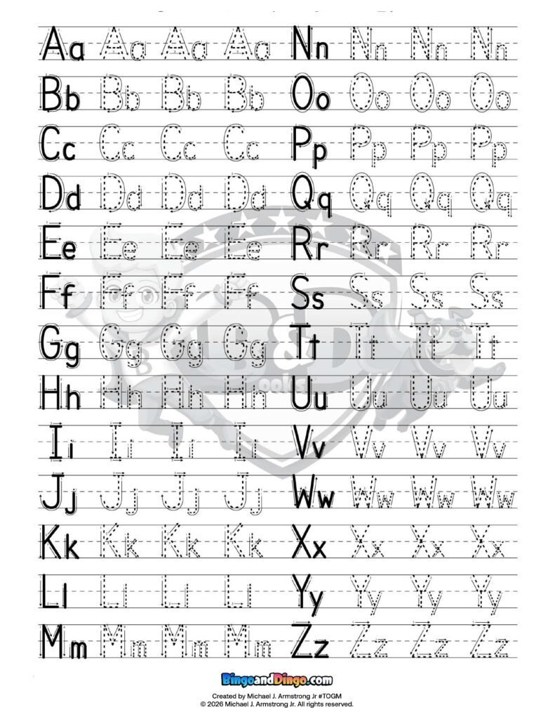 Bingo&Dingo uppercase and lowercase alphabet tracing printable