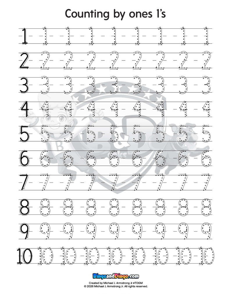 Bingo&Dingo counting and tracing numbers one to ten printable